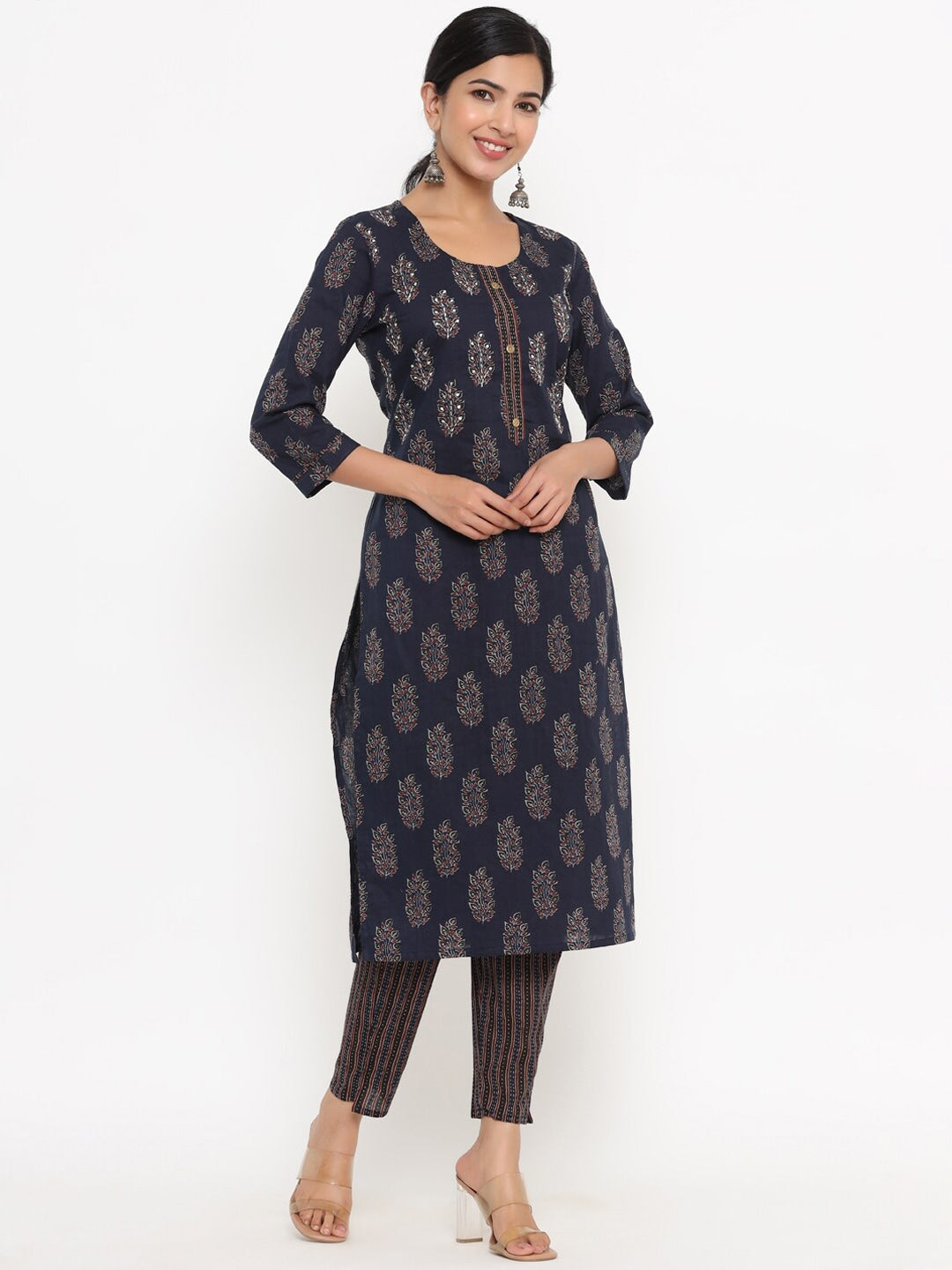 Navy Blue Printed Kurta Set-Yufta Store-4707SETBLS