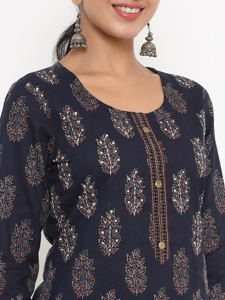 Navy Blue Printed Kurta Set-Yufta Store-4707SETBLS