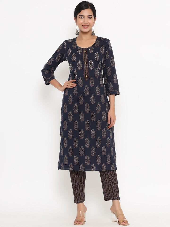 Navy Blue Printed Kurta Set-Yufta Store-4707SETBLS