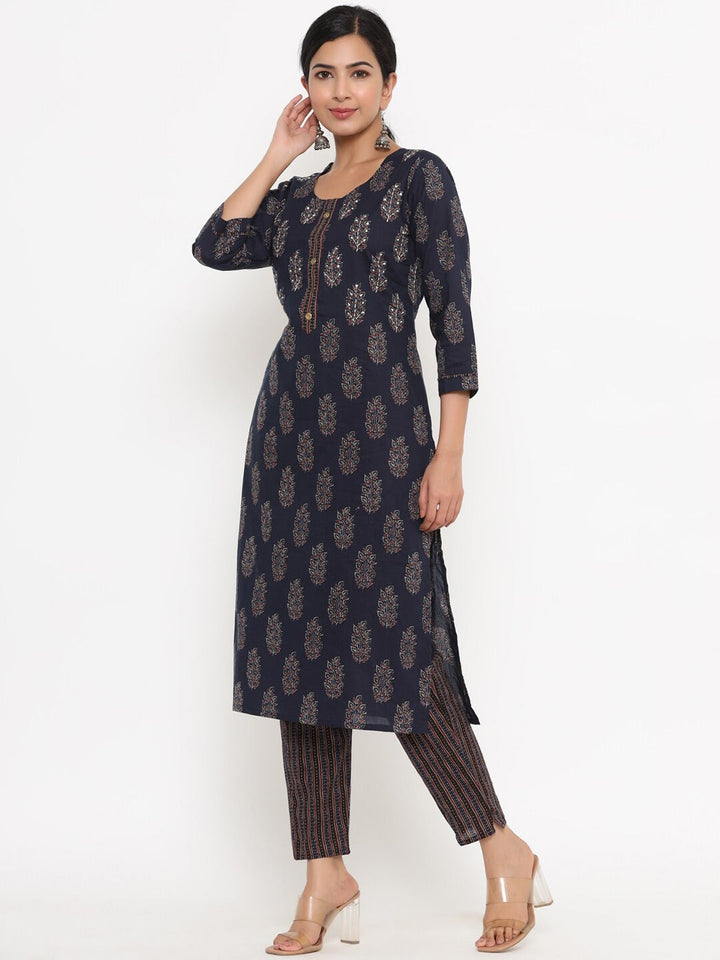 Navy Blue Printed Kurta Set-Yufta Store-4707SETBLS