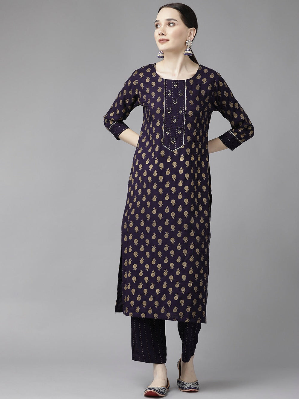 Navy Blue Printed Kurta Set-Yufta Store-6210SETBLS