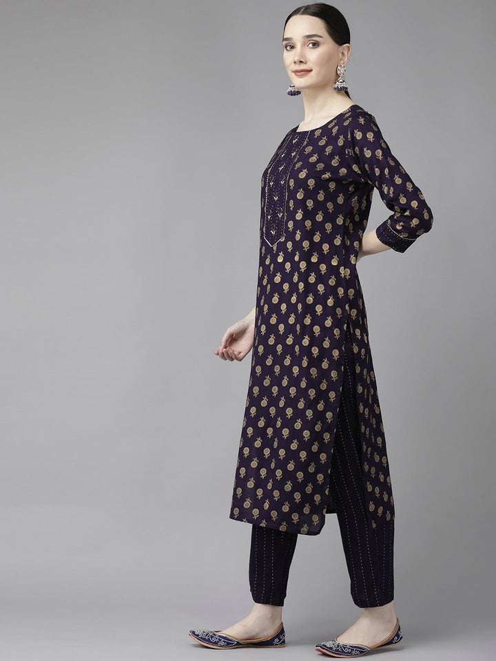 Navy Blue Printed Kurta Set-Yufta Store-6210SETBLS