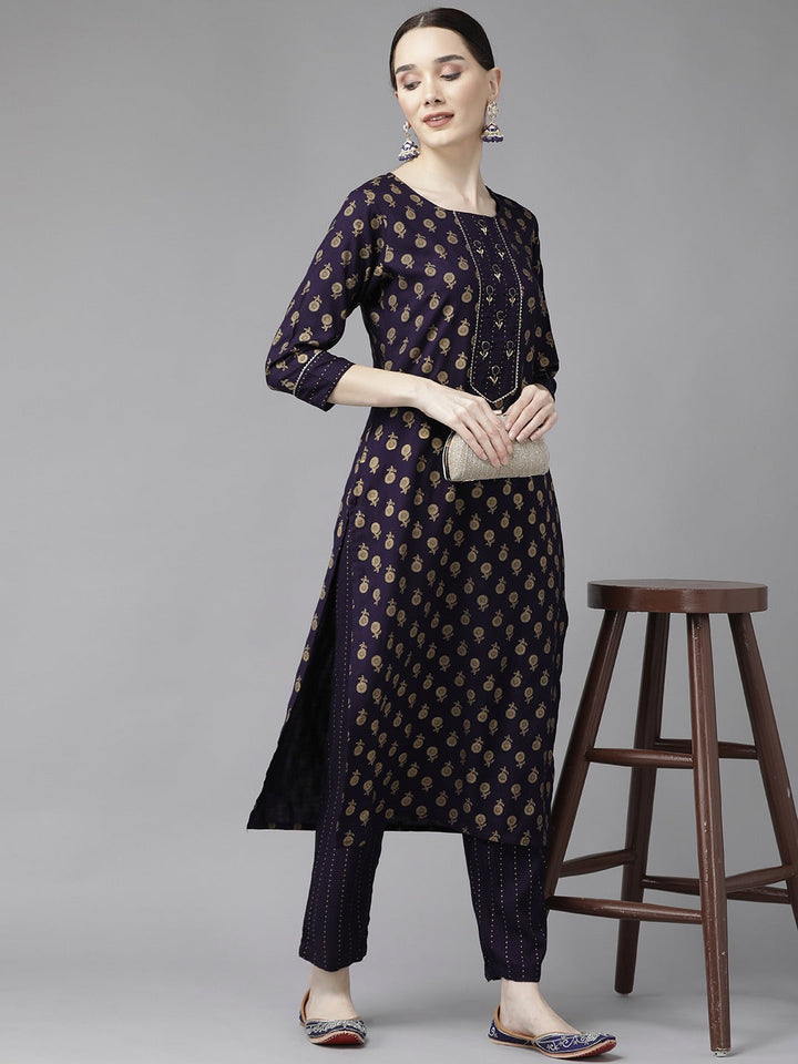 Navy Blue Printed Kurta Set-Yufta Store-6210SETBLS