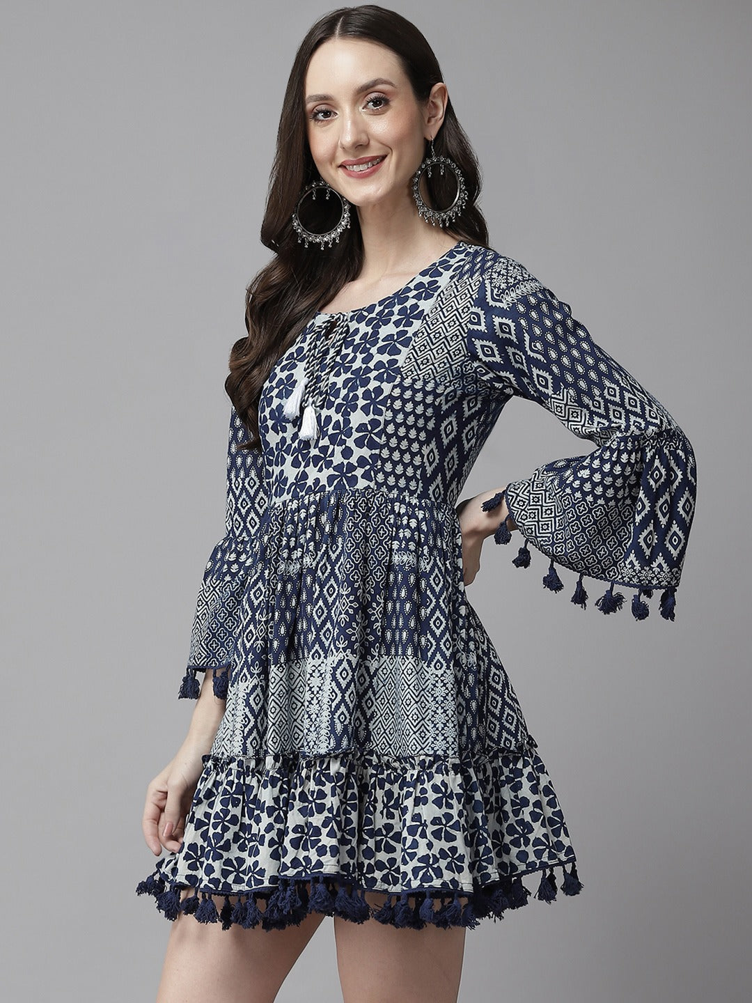 Navy Blue Printed Line Dress-Yufta Store-9818DRSBLS
