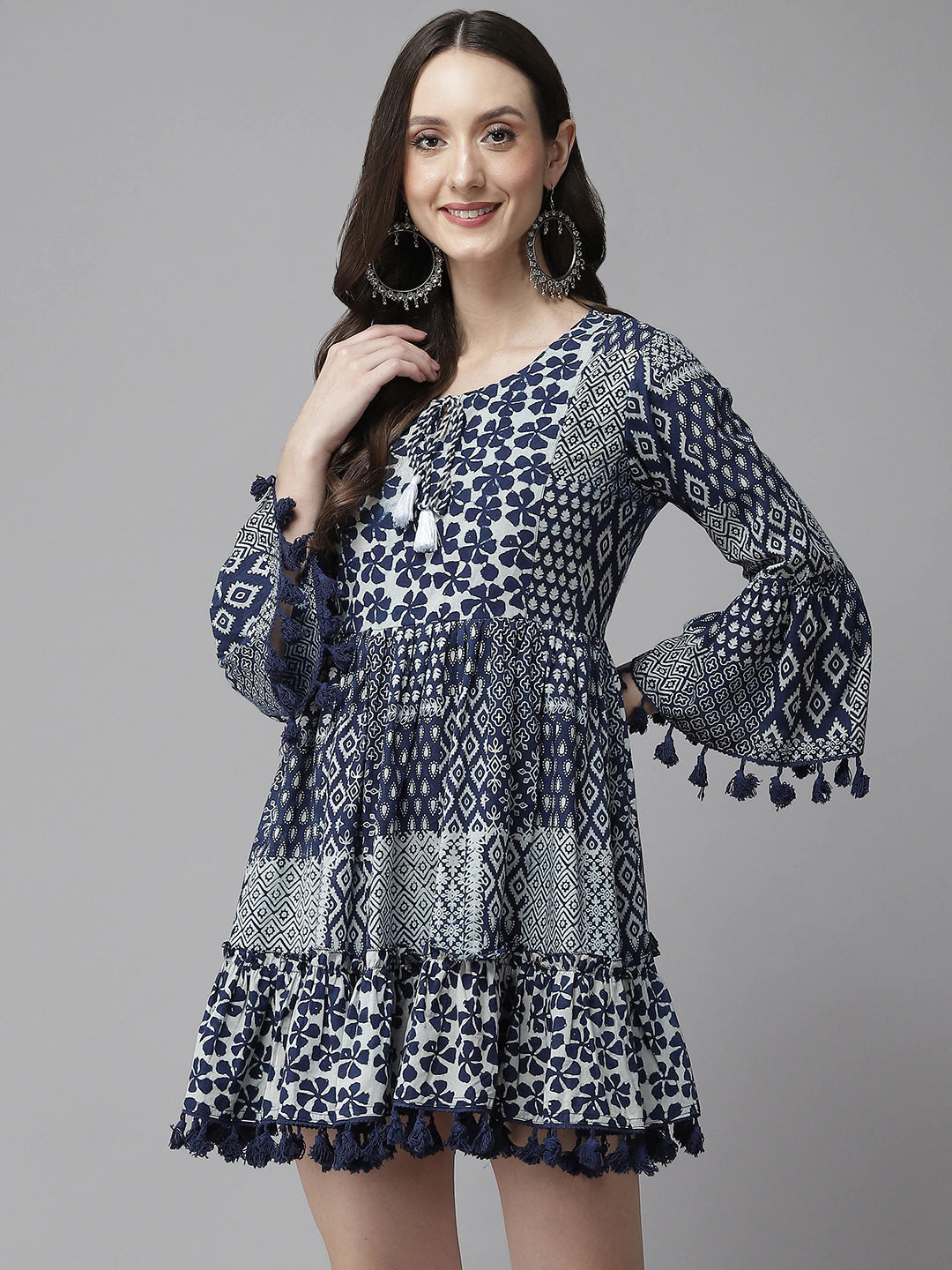 Navy Blue Printed Line Dress-Yufta Store-9818DRSBLS