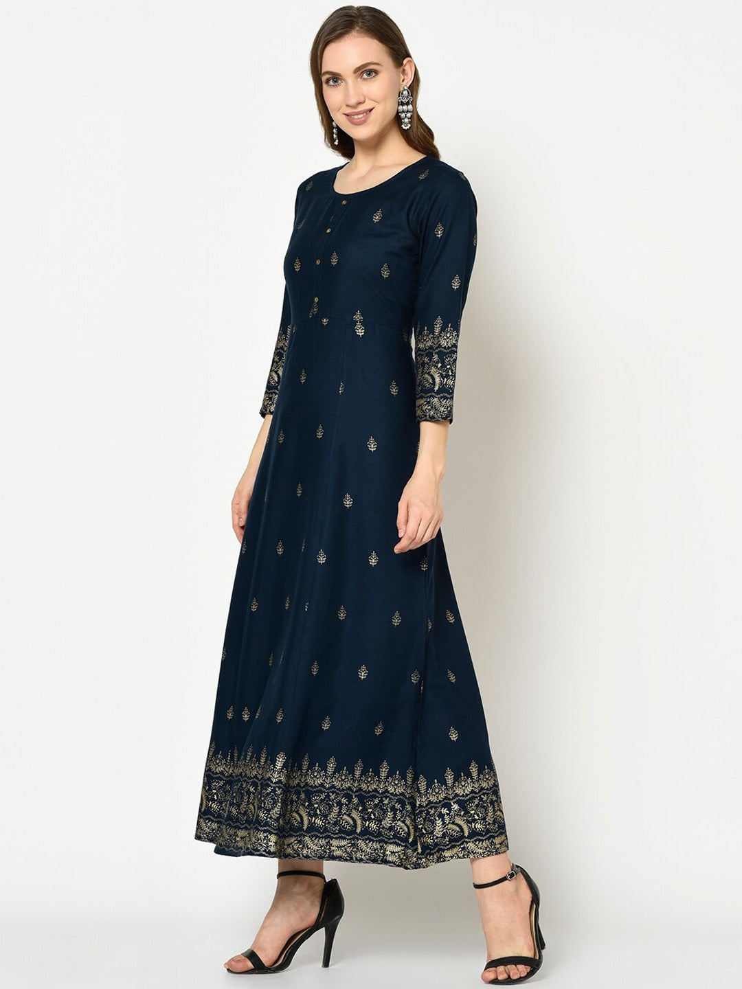 Navy Blue Printed Maxi Dress-Yufta Store-7522KURNBS