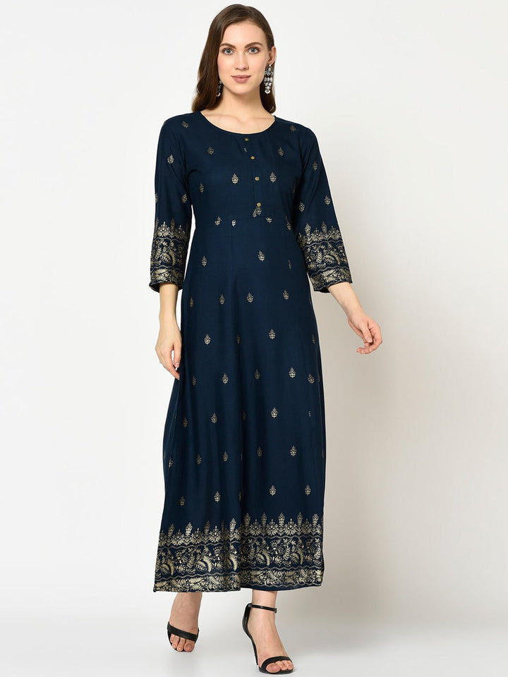 Navy Blue Printed Maxi Dress-Yufta Store-7522KURNBS