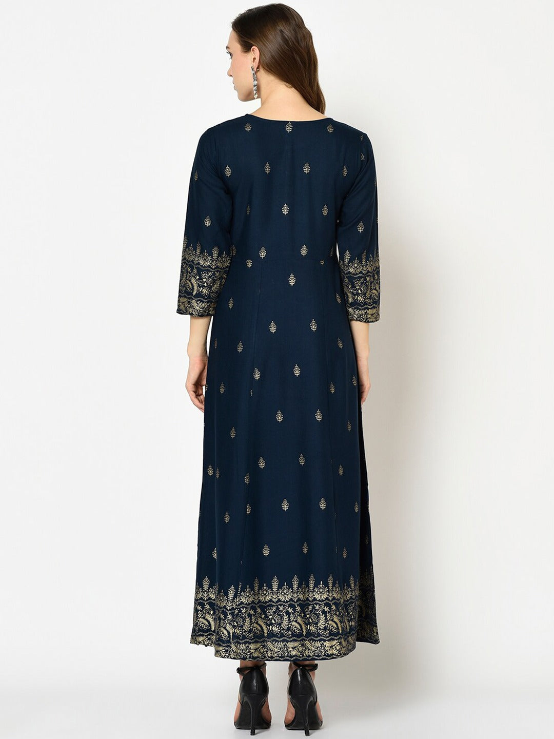 Navy Blue Printed Maxi Dress-Yufta Store-7522KURNBS