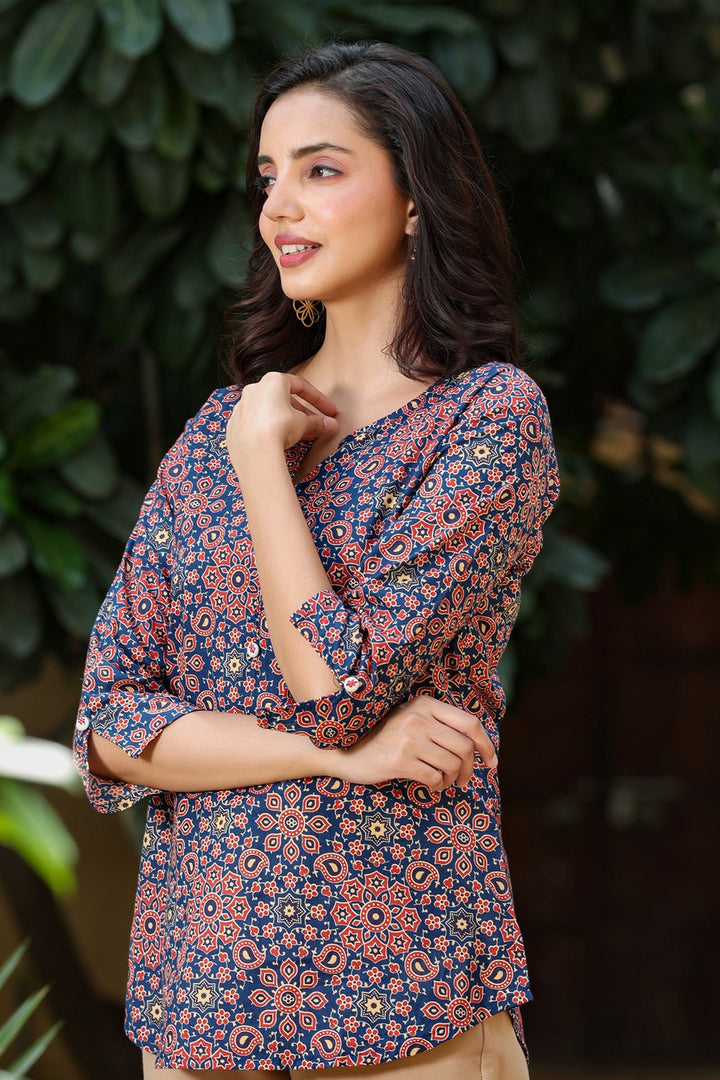 Navy Blue Printed Top-Yufta Store-8065TOPNBXS