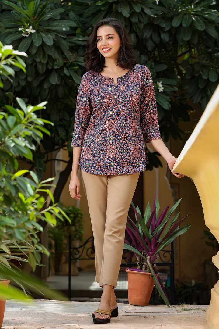 Navy Blue Printed Top-Yufta Store-8065TOPNBXS