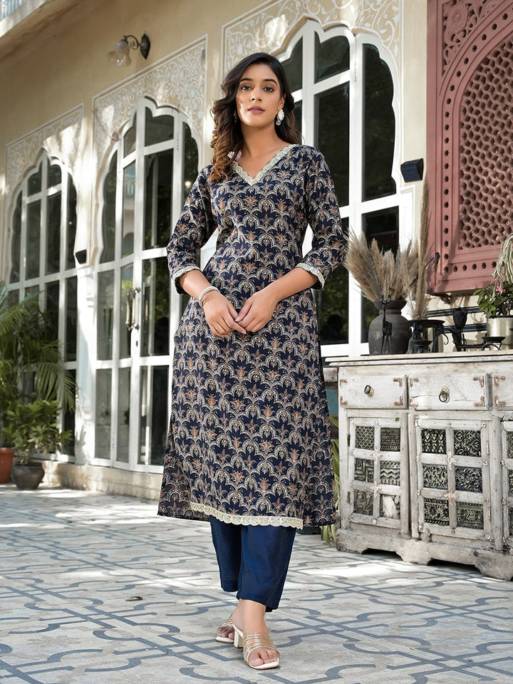 Navy Blue Printed Zari_Work Kurta Trouser Set