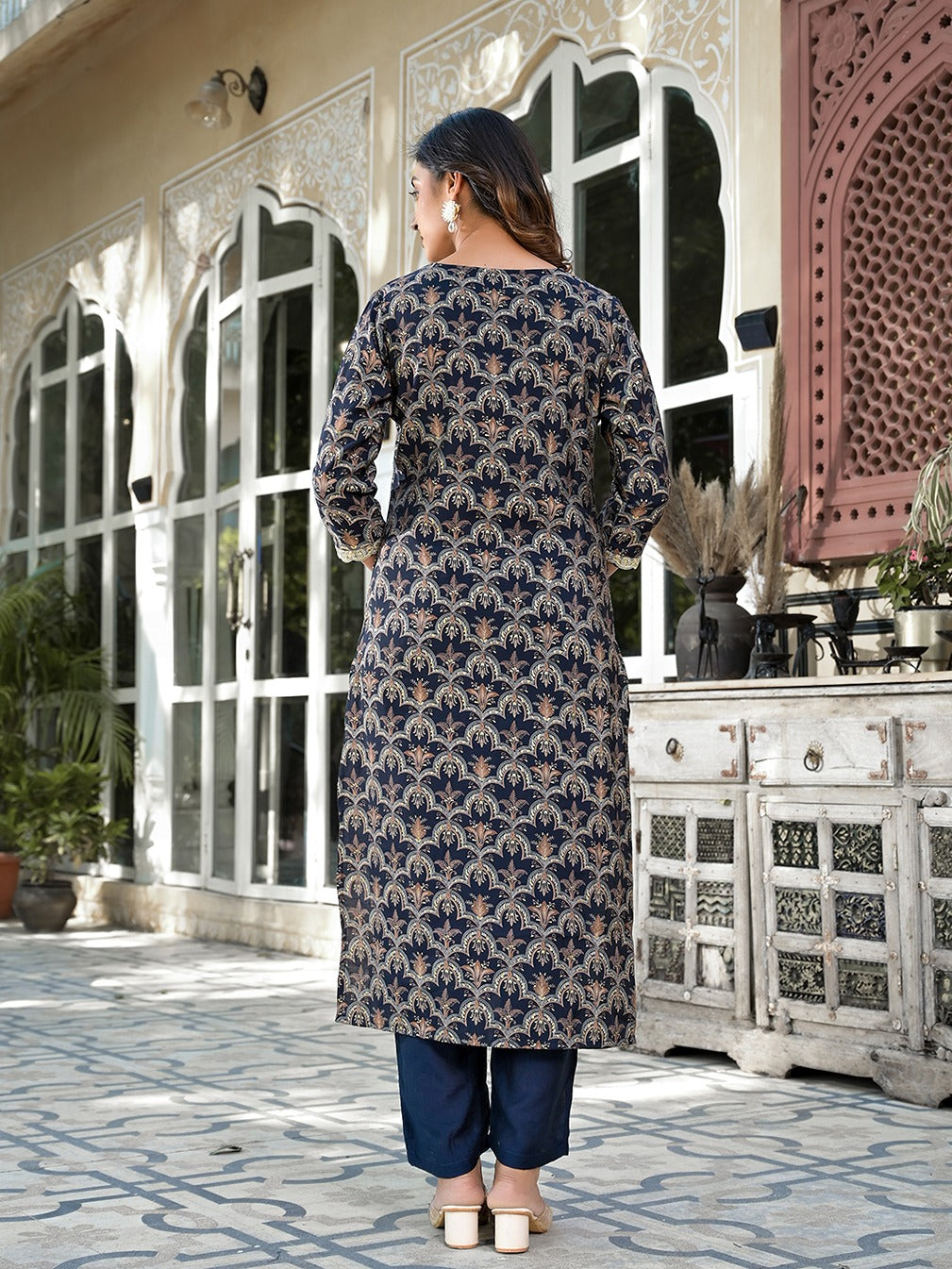 Navy Blue Printed Zari_Work Kurta Trouser Set-Yufta Store-1717SETNBS