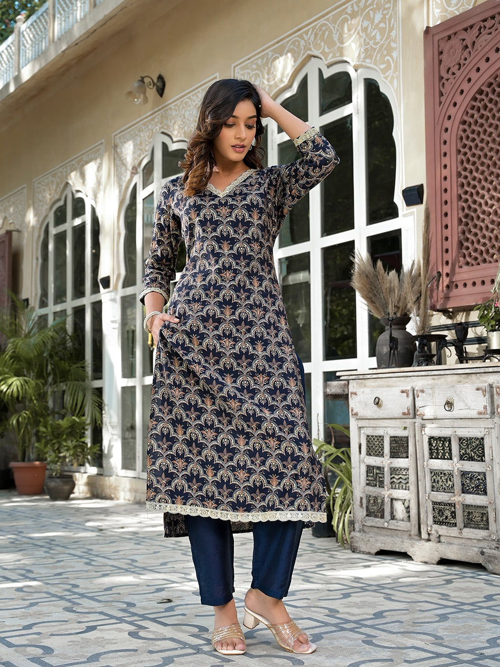 Navy Blue Printed Zari_Work Kurta Trouser Set