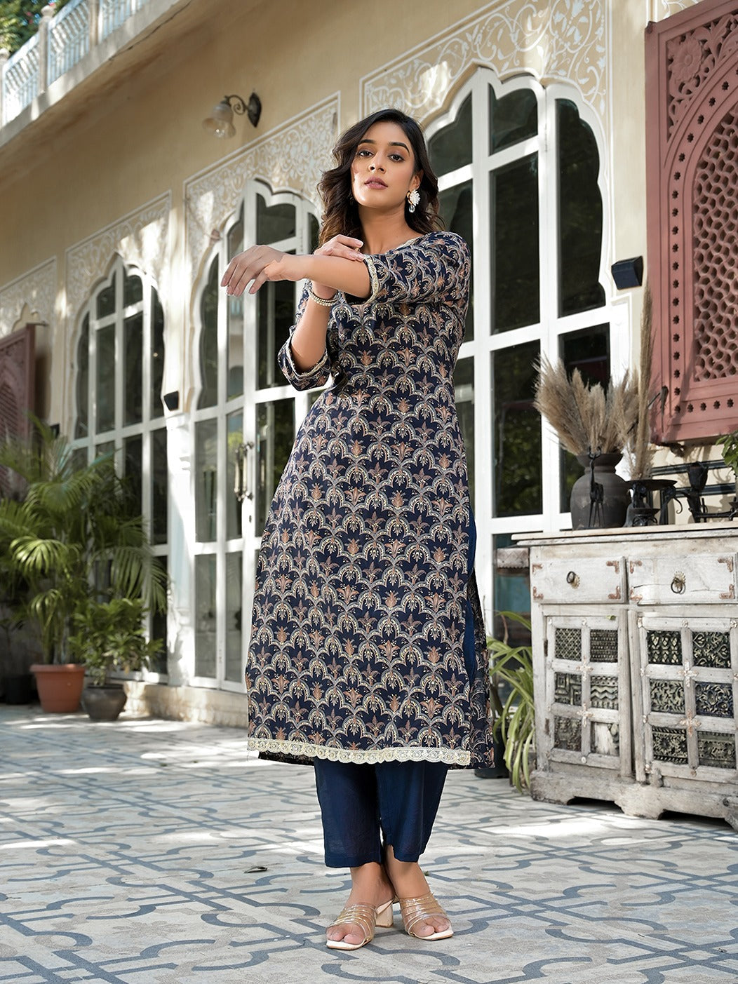 Navy Blue Printed Zari_Work Kurta Trouser Set