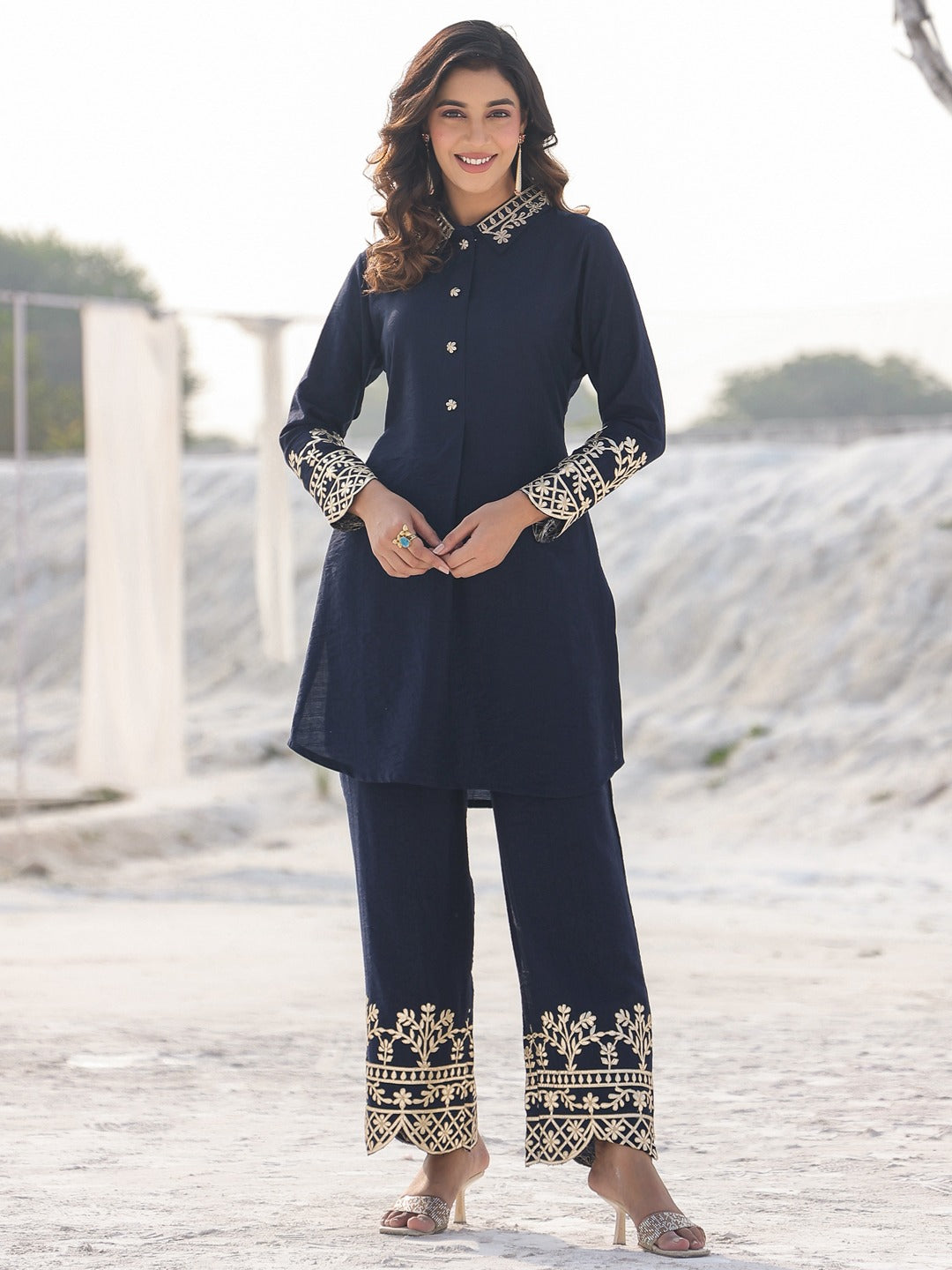 Navy Blue Pure Silk Co-ord set-Yufta Store-1914CRDNBM