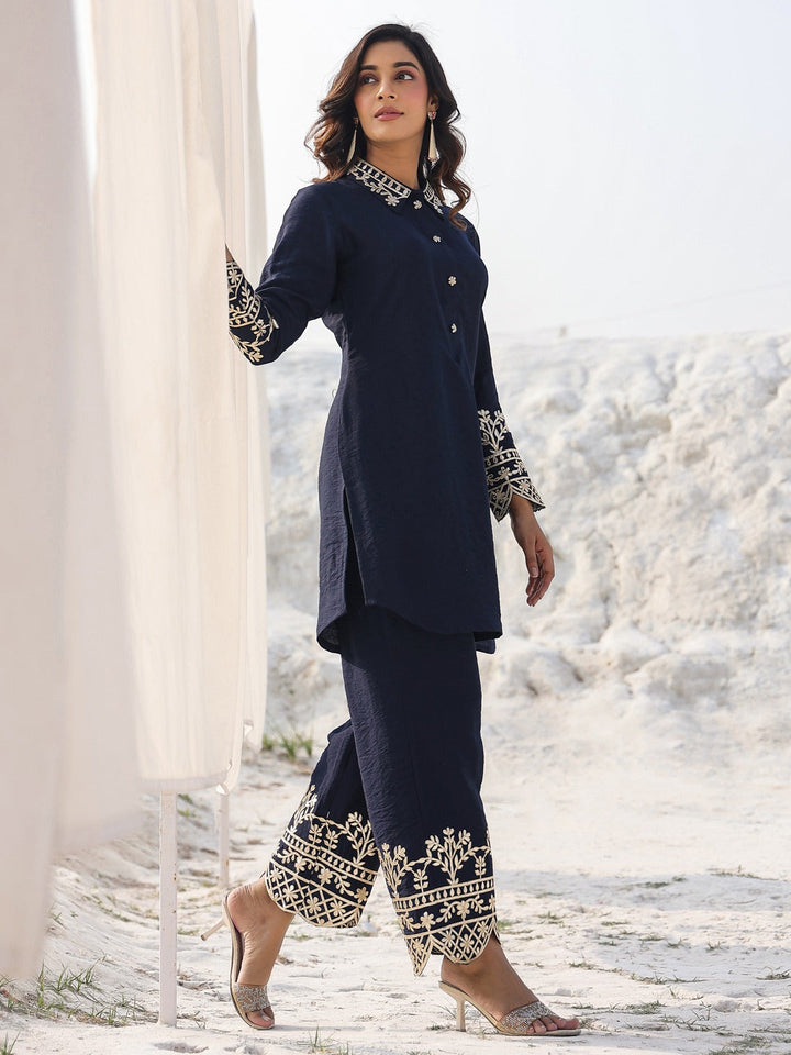 Navy Blue Pure Silk Co-ord set-Yufta Store-1914CRDNBM