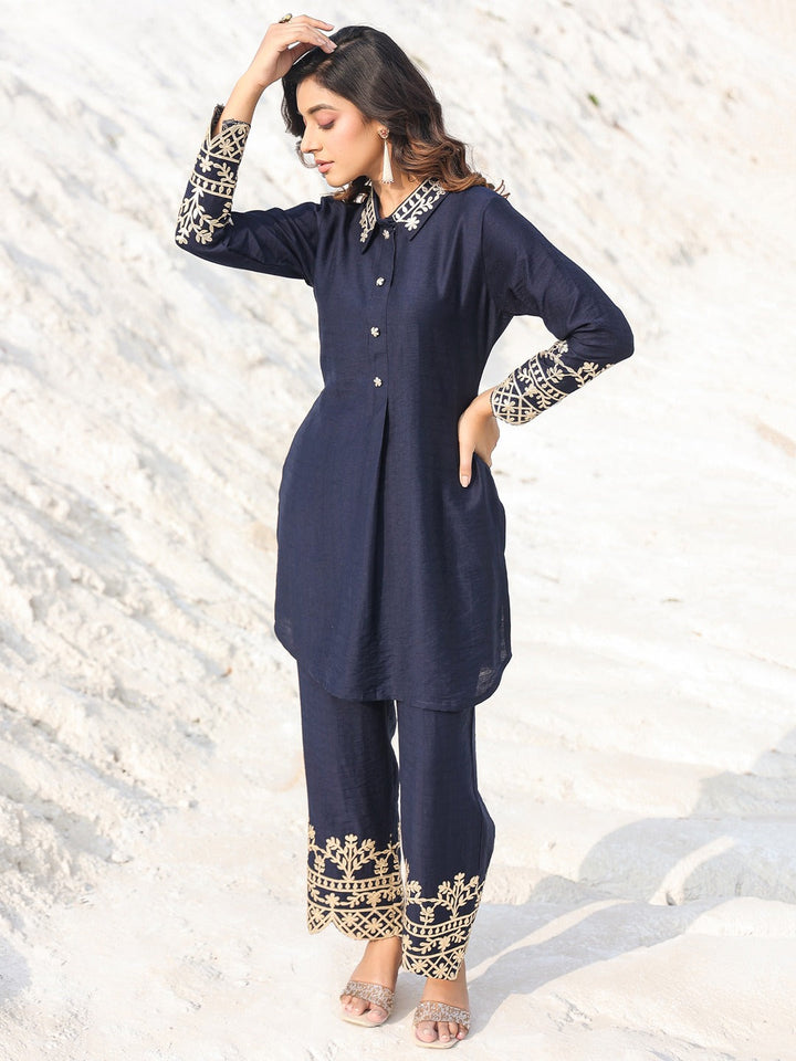 Navy Blue Pure Silk Co-ord set-Yufta Store-1914CRDNBM