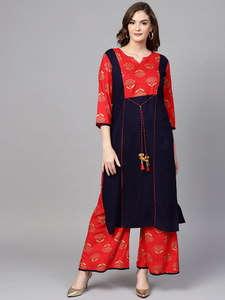 Navy Blue & Red Printed Kurta Set-Yufta Store-DBNWSET1579S