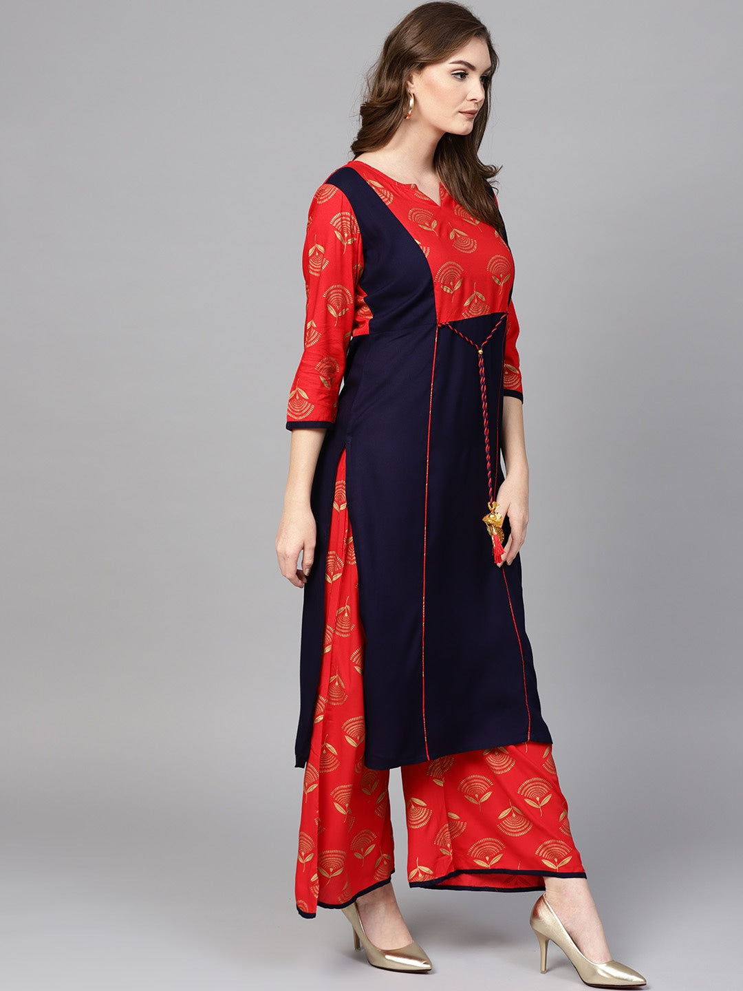 Navy Blue & Red Printed Kurta Set-Yufta Store-DBNWSET1579S