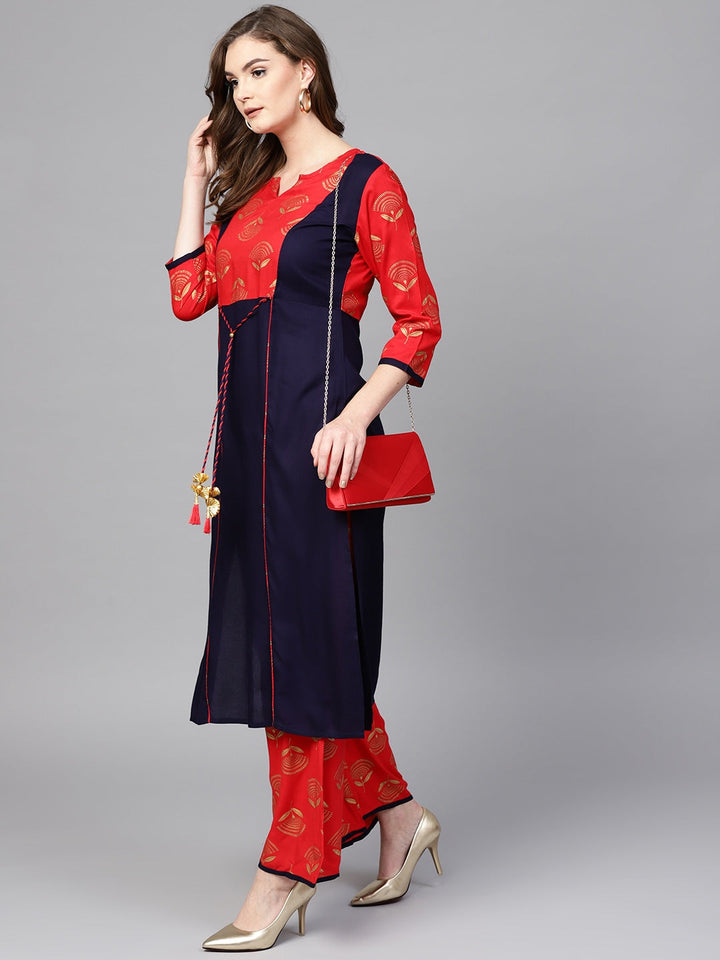 Navy Blue & Red Printed Kurta Set-Yufta Store-DBNWSET1579S