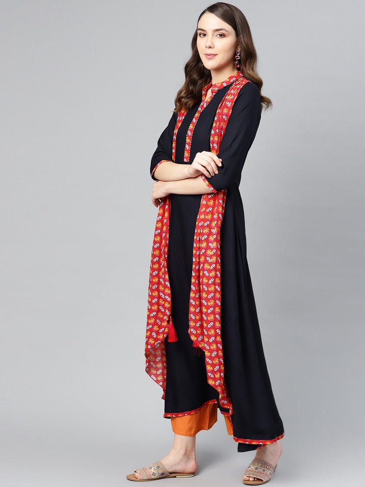 Navy Blue & Red Printed Kurta-Yufta Store-1523KURS