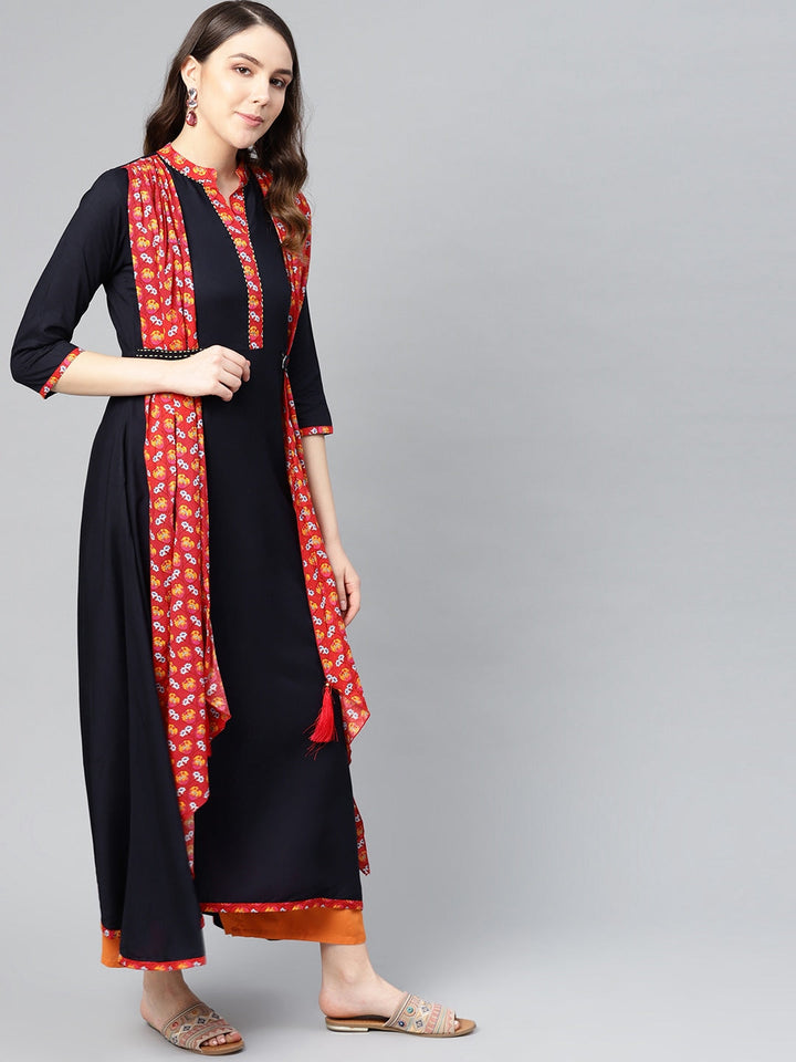 Navy Blue & Red Printed Kurta-Yufta Store-1523KURS