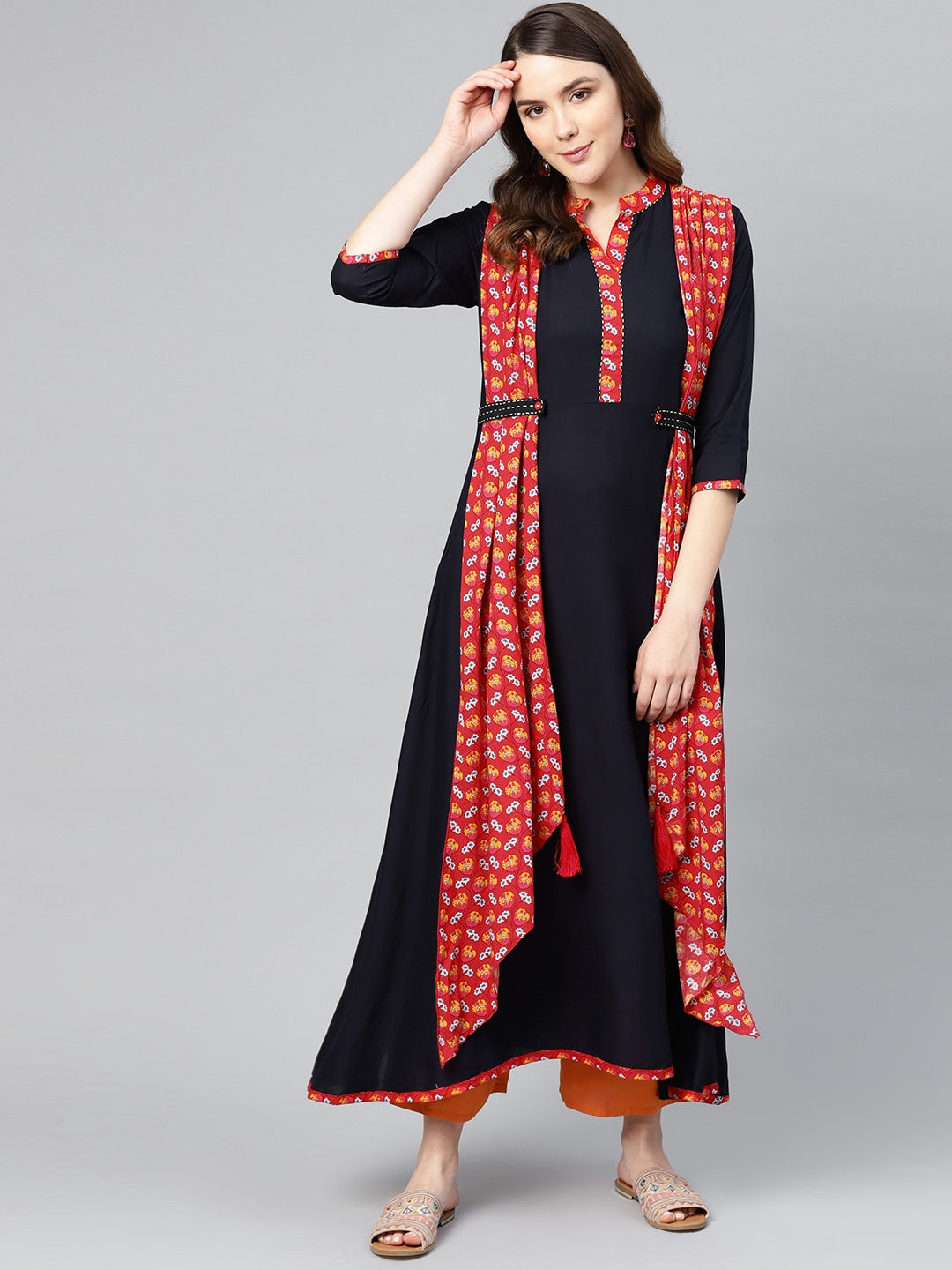 Navy Blue & Red Printed Kurta