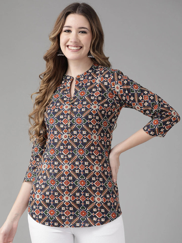 Navy Blue & Red Printed Top-Yufta Store-9664TOPBLXS