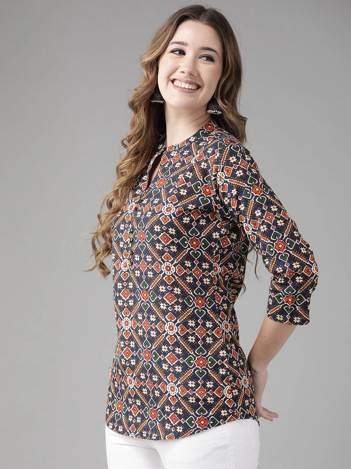 Navy Blue & Red Printed Top-Yufta Store-9664TOPBLXS