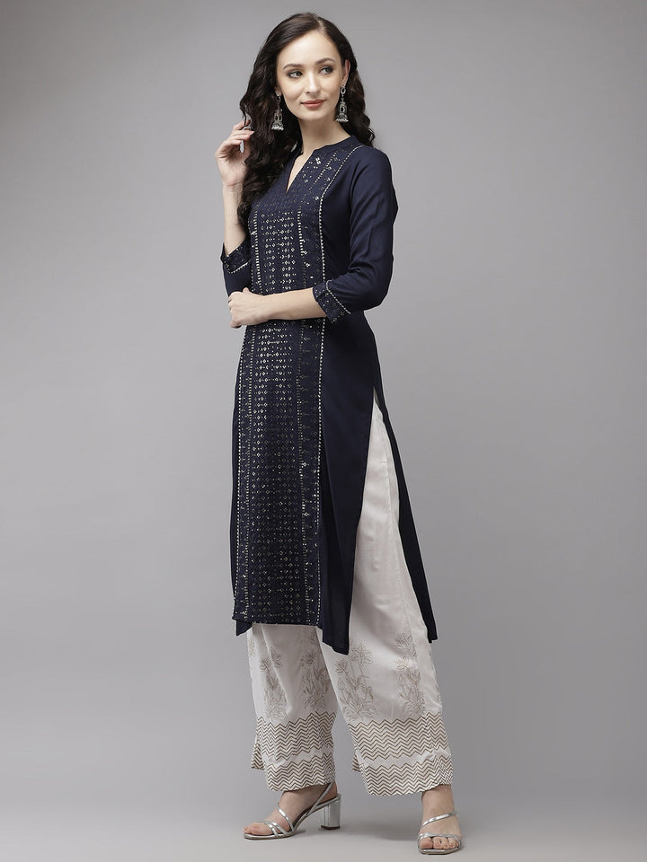 Navy Blue Regular Sequinned Kurta Set-Yufta Store-5138SETNBS