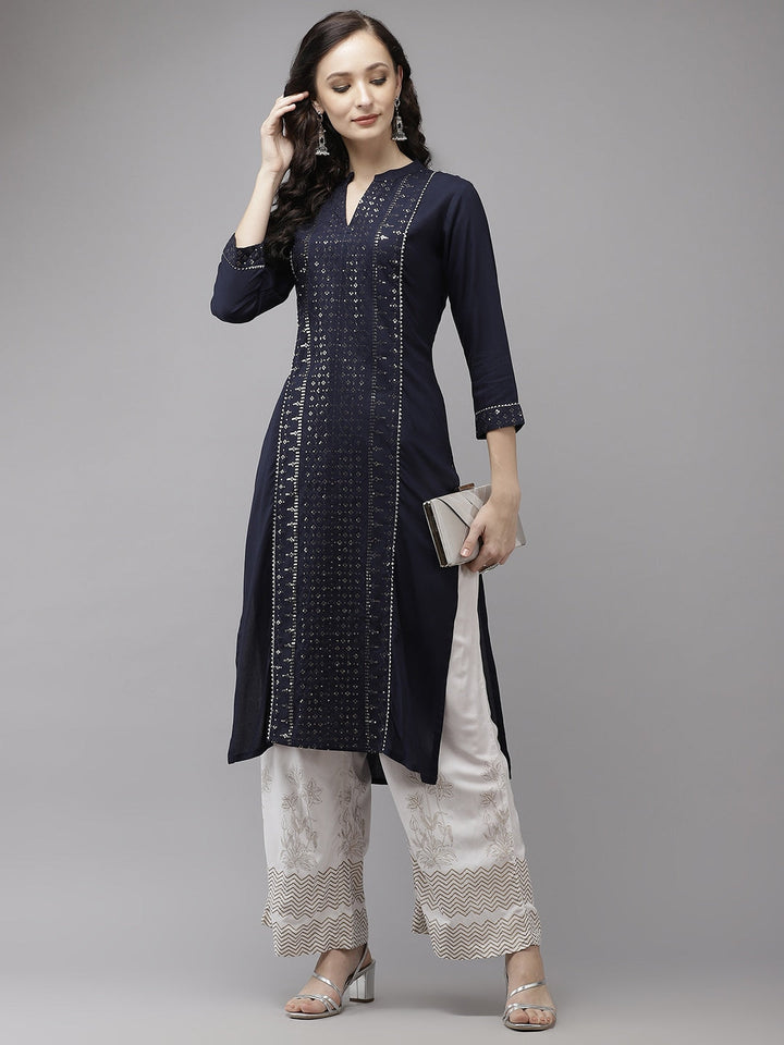 Navy Blue Regular Sequinned Kurta Set-Yufta Store-5138SETNBS