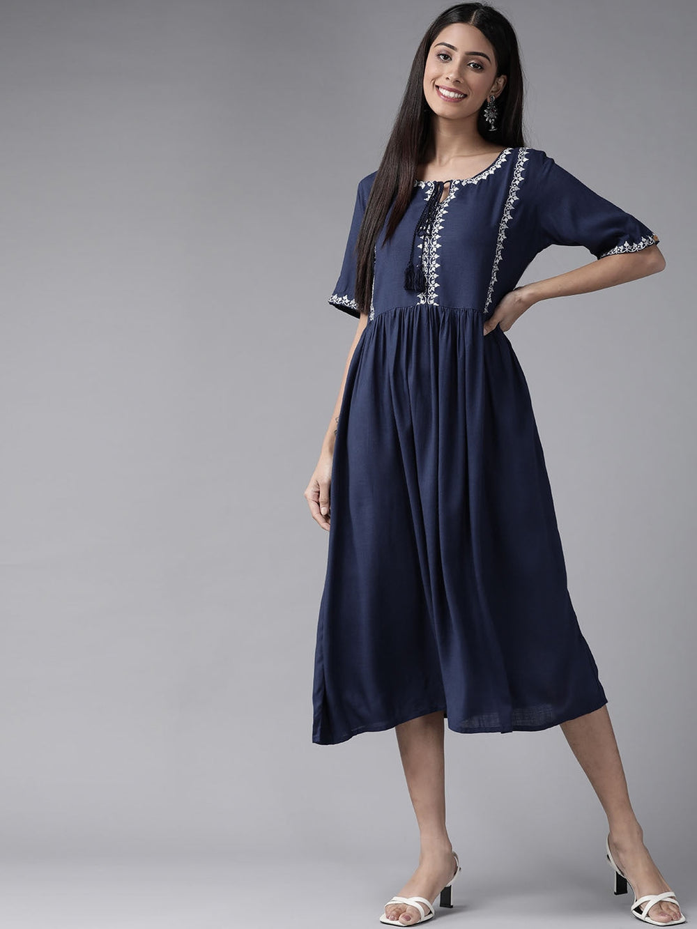 Navy Blue Solid Embroidered Dress
