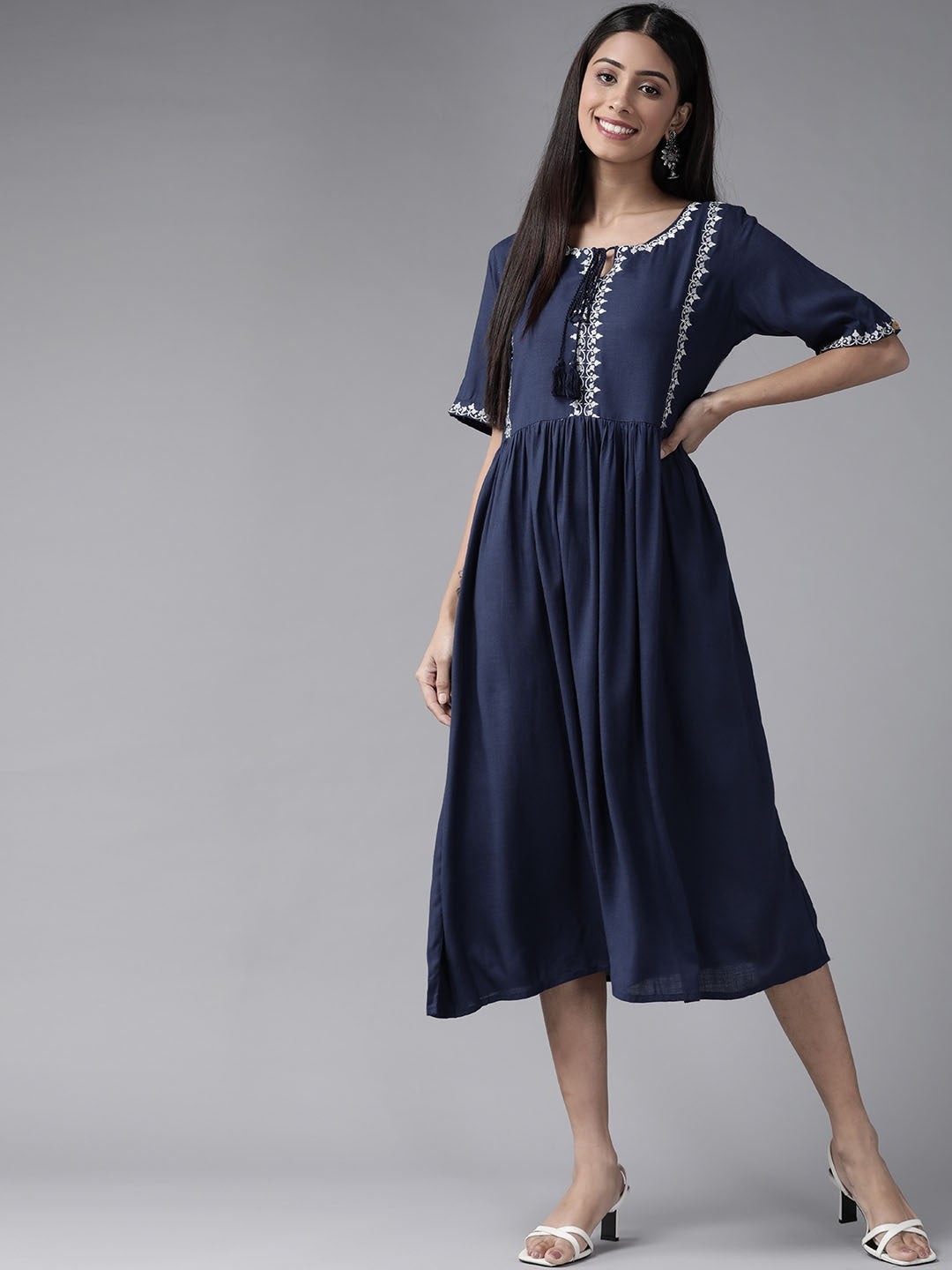 Navy Blue Solid Embroidered Dress-Yufta Store-9243DRSNBS