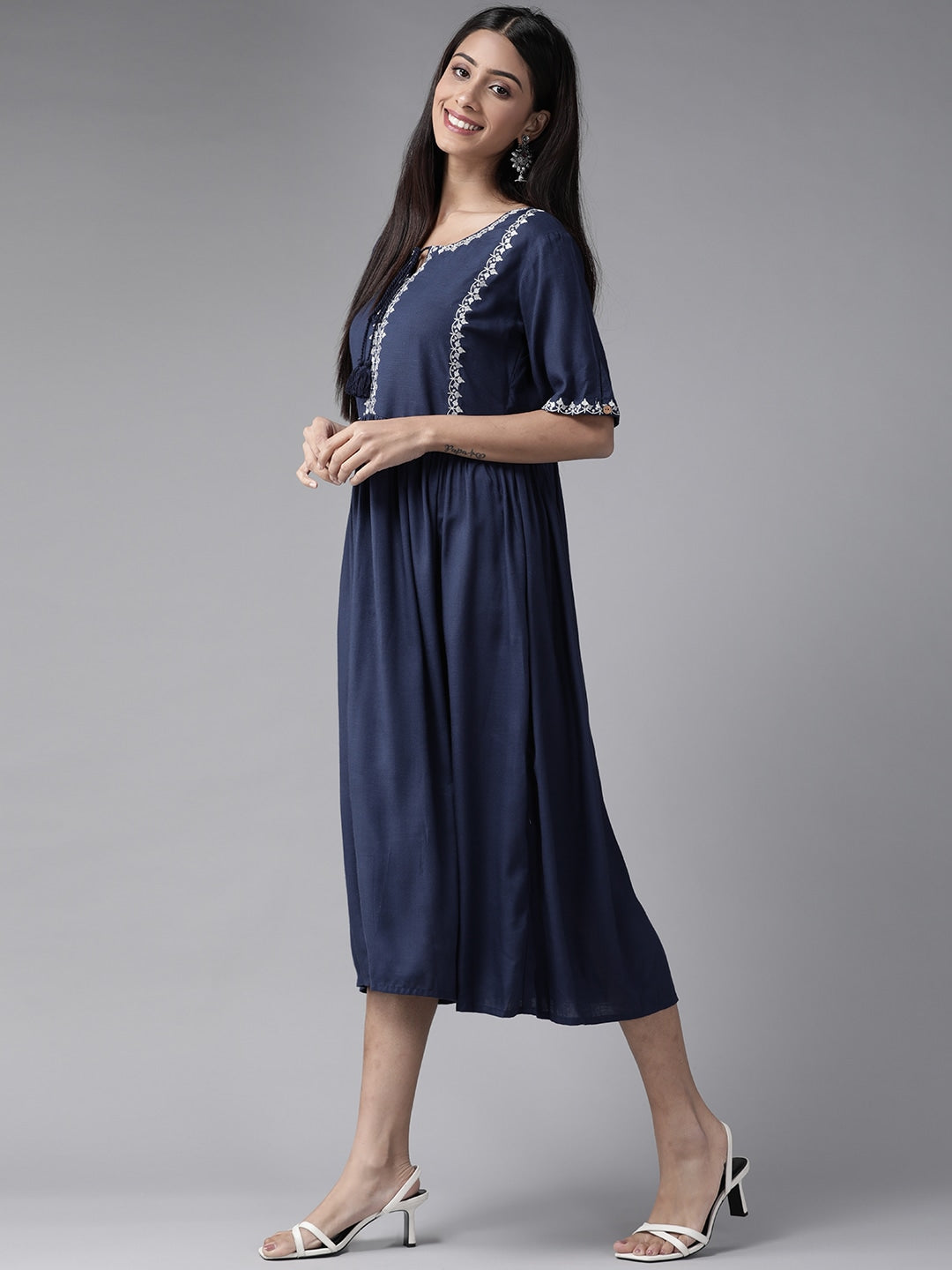 Navy Blue Solid Embroidered Dress-Yufta Store-9243DRSNBS