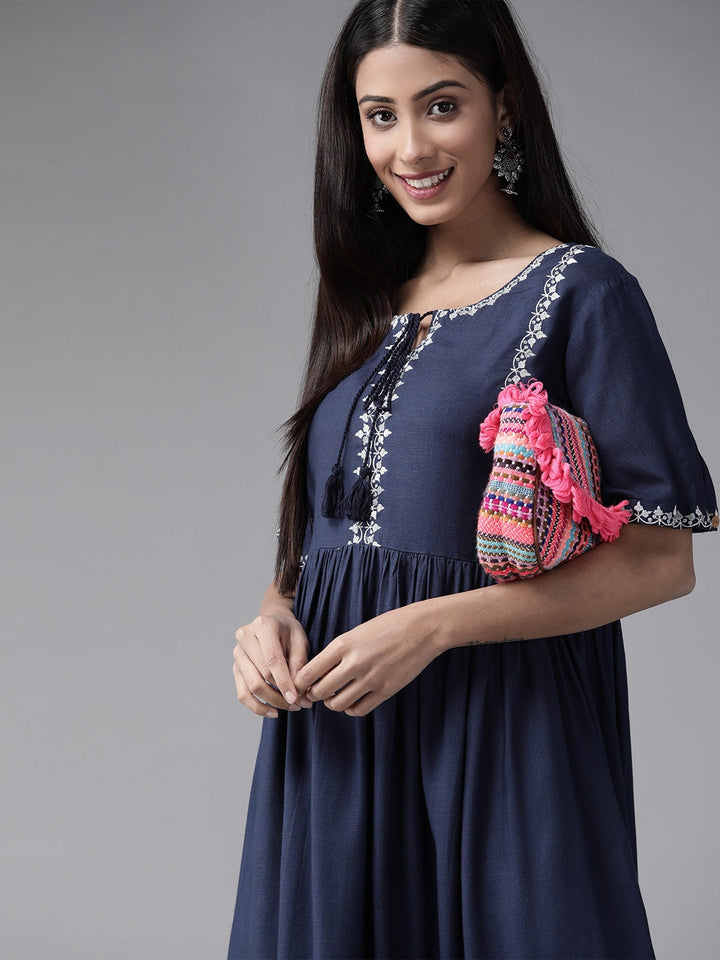 Navy Blue Solid Embroidered Dress-Yufta Store-9243DRSNBS