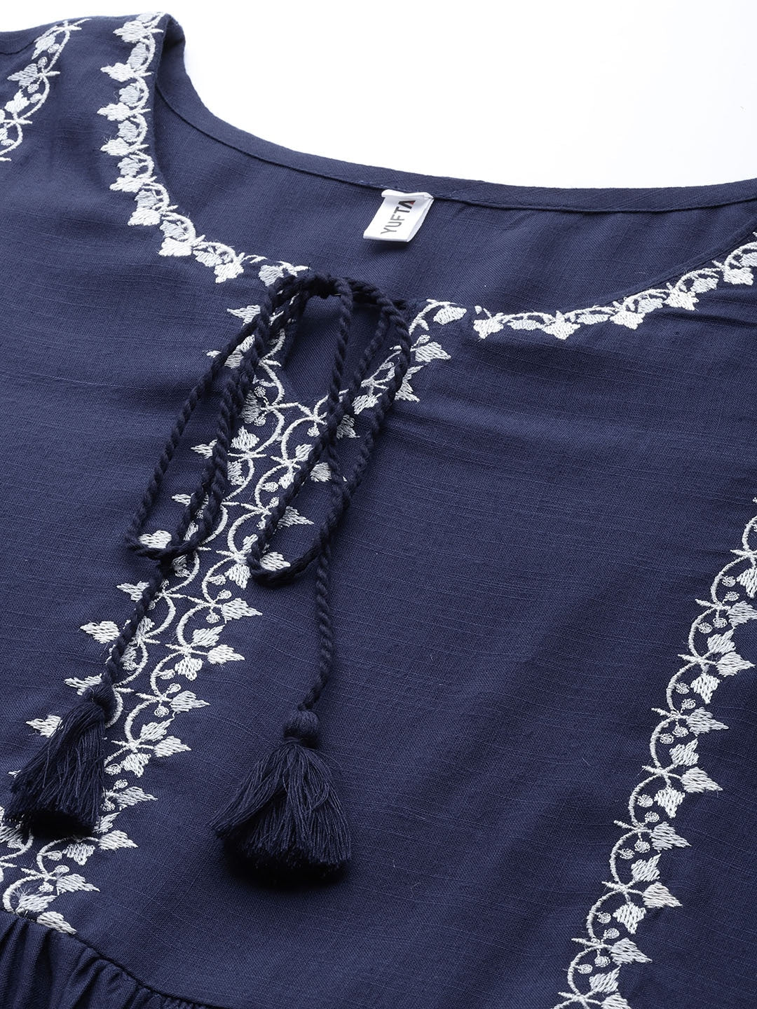 Navy Blue Solid Embroidered Dress-Yufta Store-9243DRSNBS