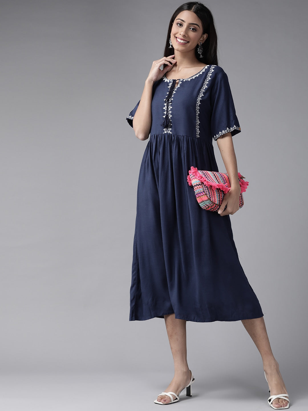 Navy Blue Solid Embroidered Dress-Yufta Store-9243DRSNBS