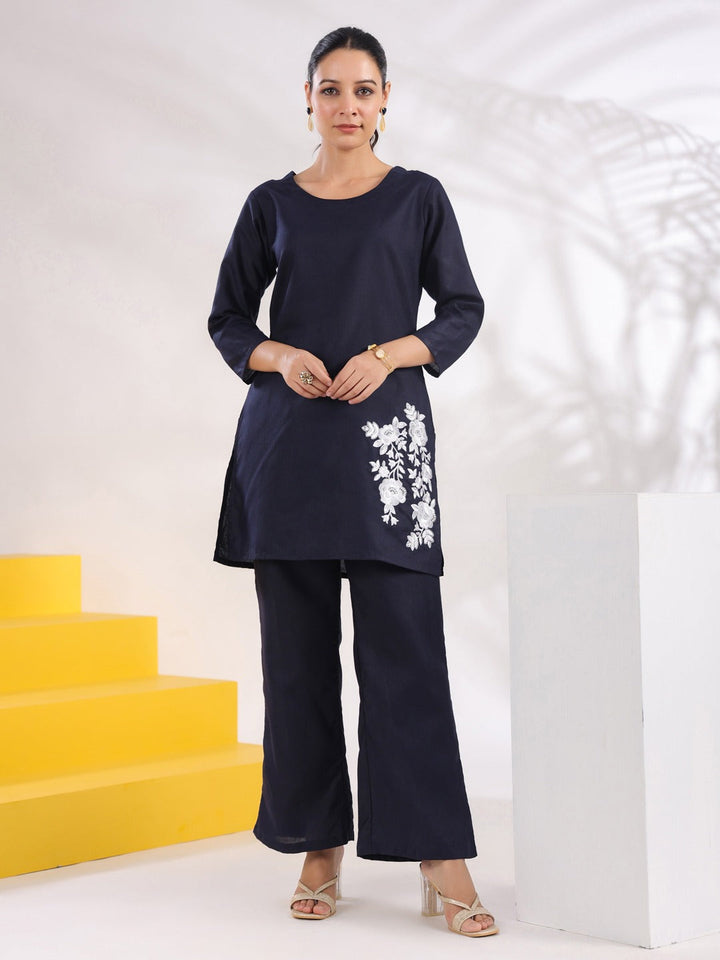 Navy Blue Straight Embroidered Co-ord set-Yufta Store-1632CRDNBS