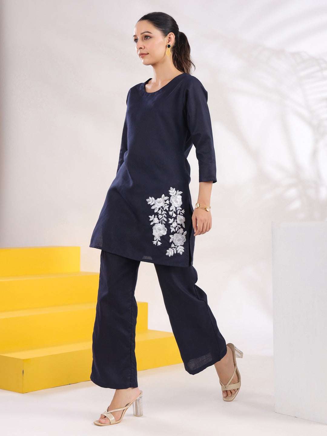 Navy Blue Straight Embroidered Co-ord set-Yufta Store-1632CRDNBS