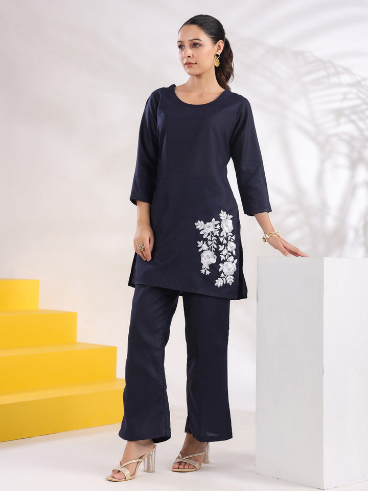 Navy Blue Straight Embroidered Co-ord set-Yufta Store-1632CRDNBS