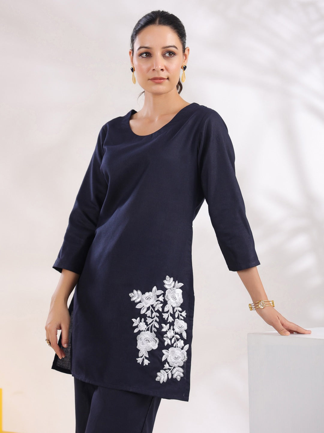 Navy Blue Straight Embroidered Co-ord set-Yufta Store-1632CRDNBS