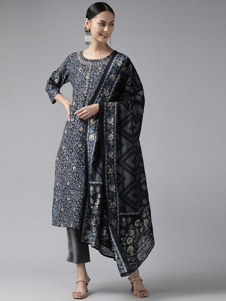 Navy Blue Thread Work Dupatta Set-Yufta Store-9973SKDNBS