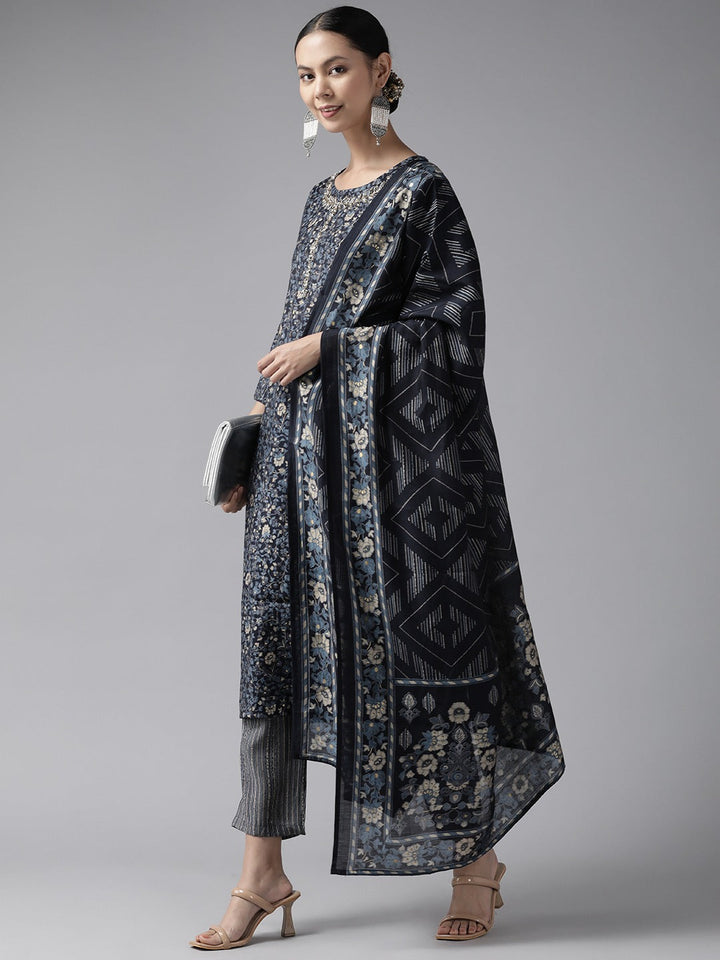 Navy Blue Thread Work Dupatta Set-Yufta Store-9973SKDNBS