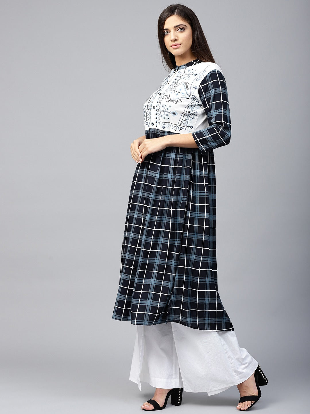 Navy Blue & White Checked A-Line Kurta-Yufta Store-DBNKU1706S