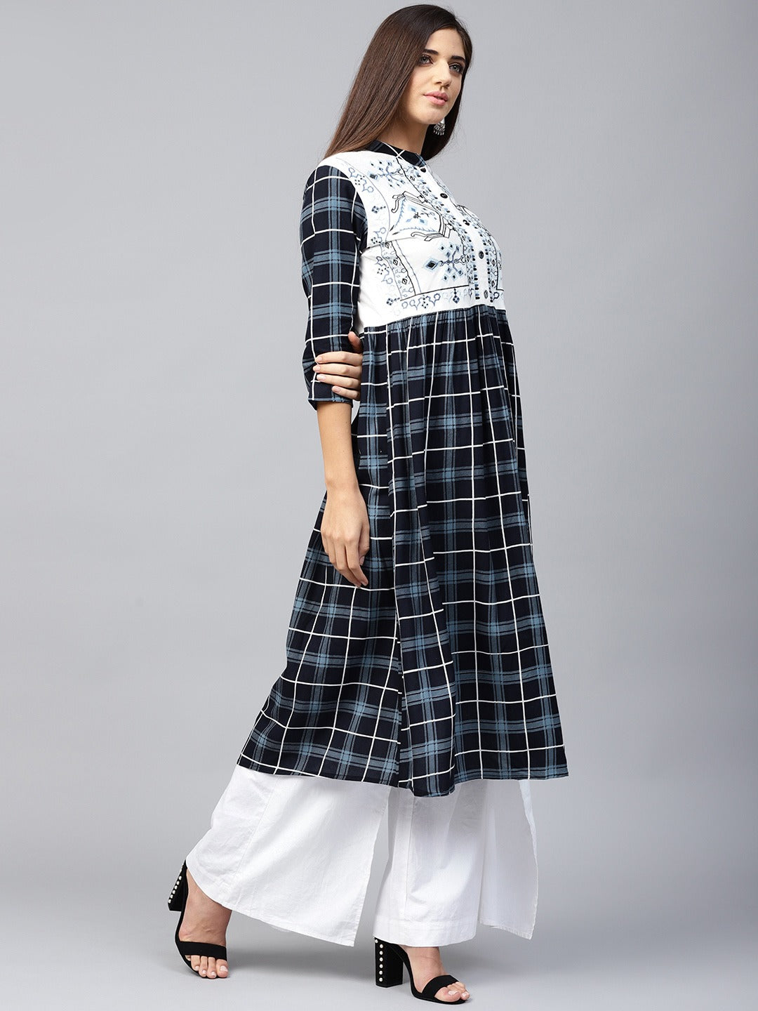 Navy Blue & White Checked A-Line Kurta-Yufta Store-DBNKU1706S