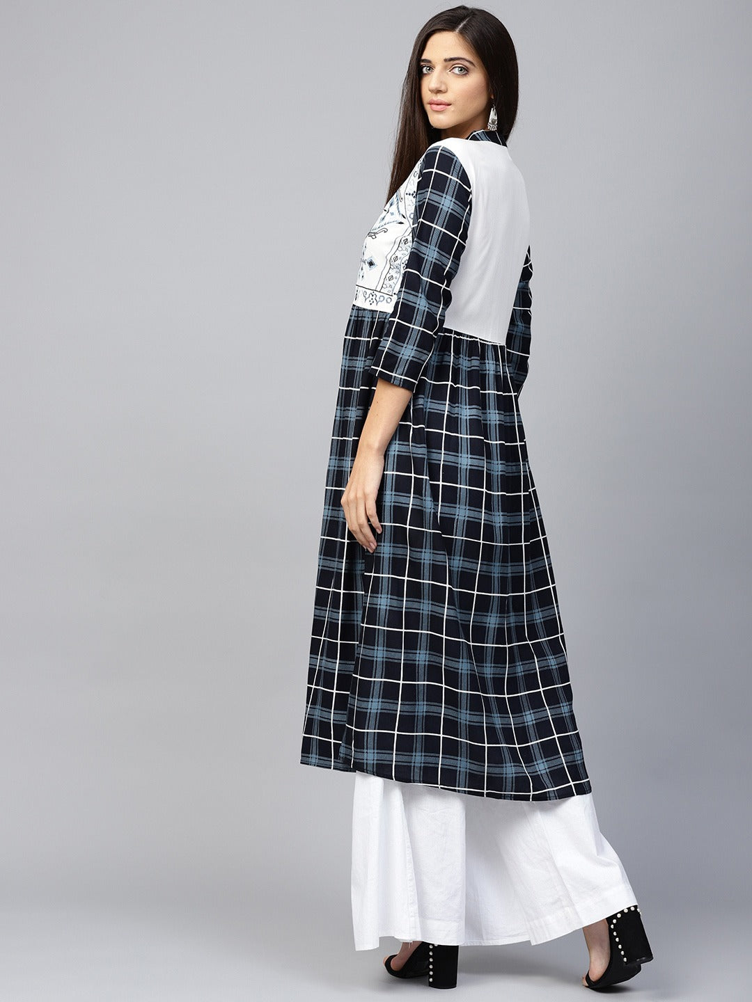 Navy Blue & White Checked A-Line Kurta-Yufta Store-DBNKU1706S