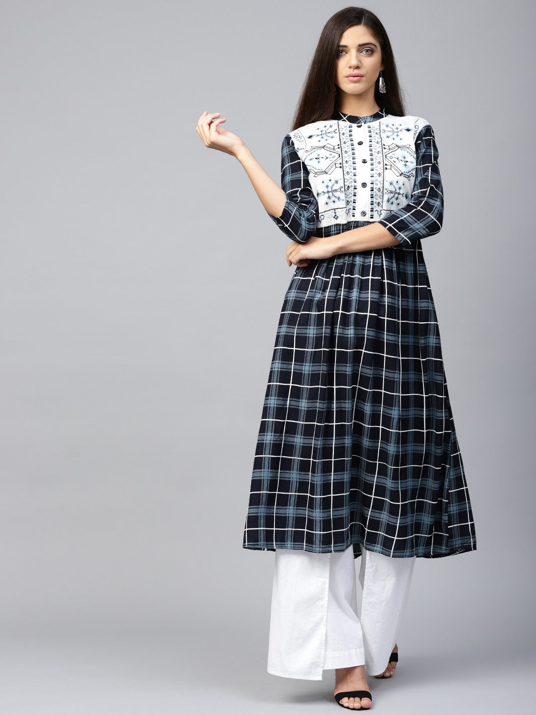 Navy Blue & White Checked A-Line Kurta-Yufta Store-DBNKU1706S