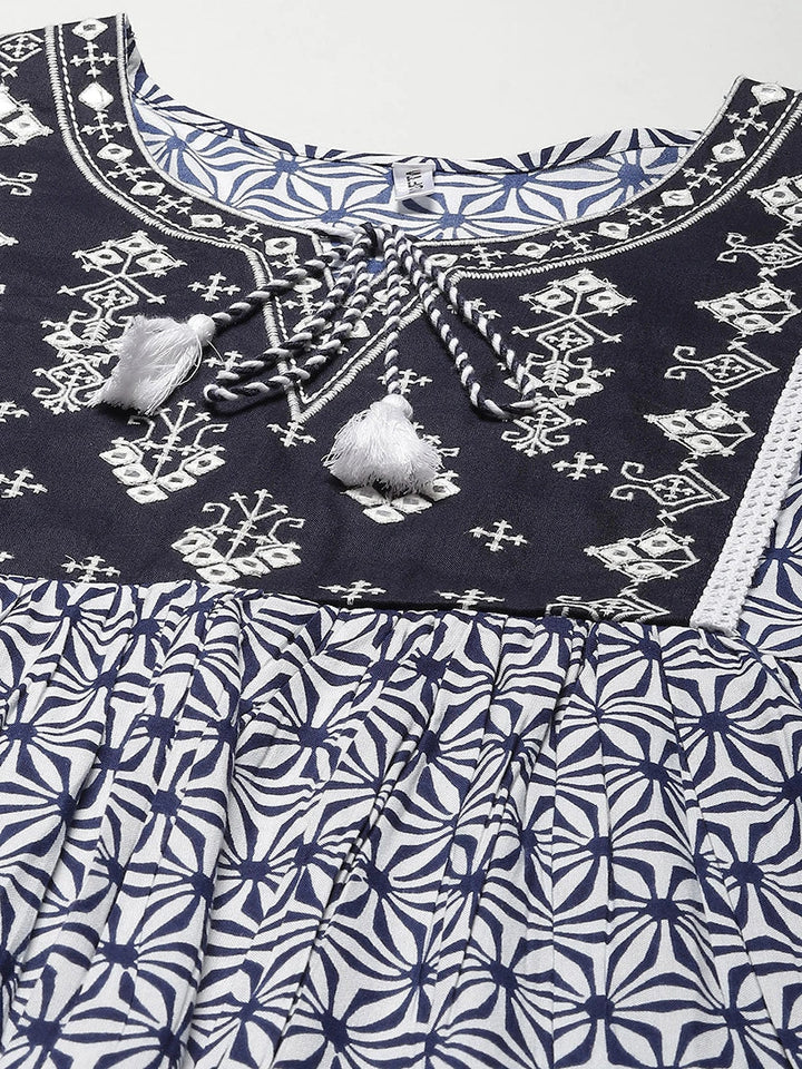 Navy Blue & White Ethnic Dress-Yufta Store-5210DRSNBS