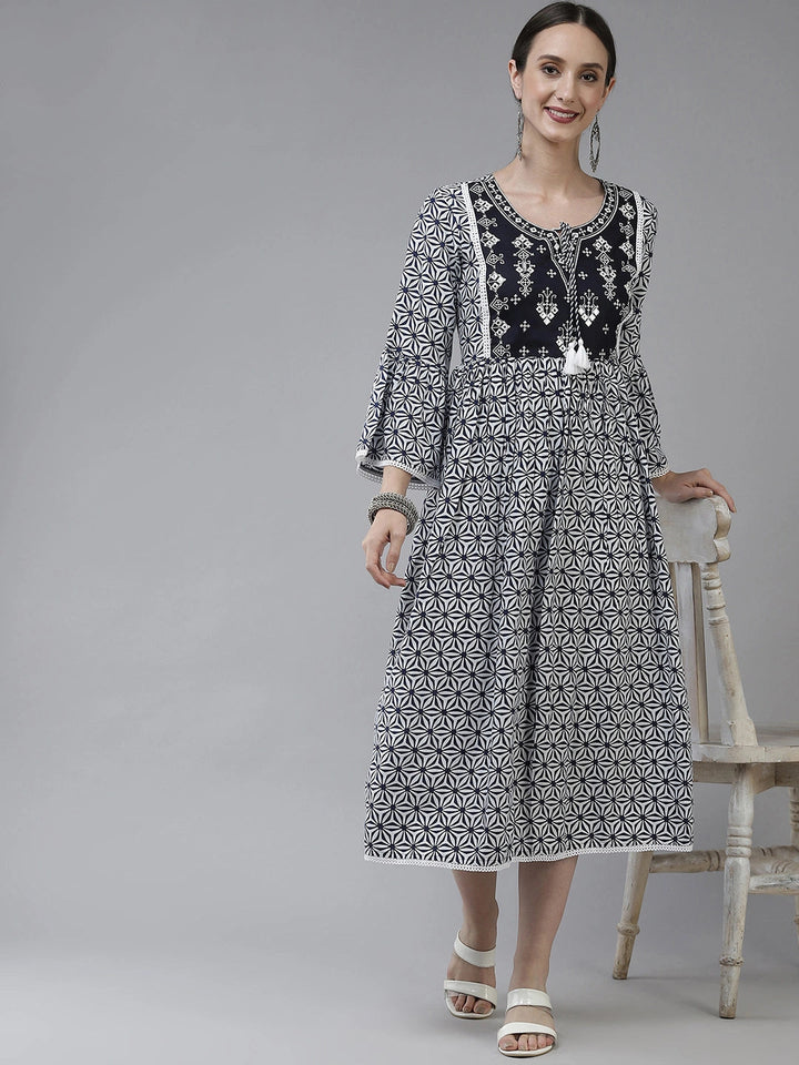 Navy Blue & White Ethnic Dress-Yufta Store-5210DRSNBS
