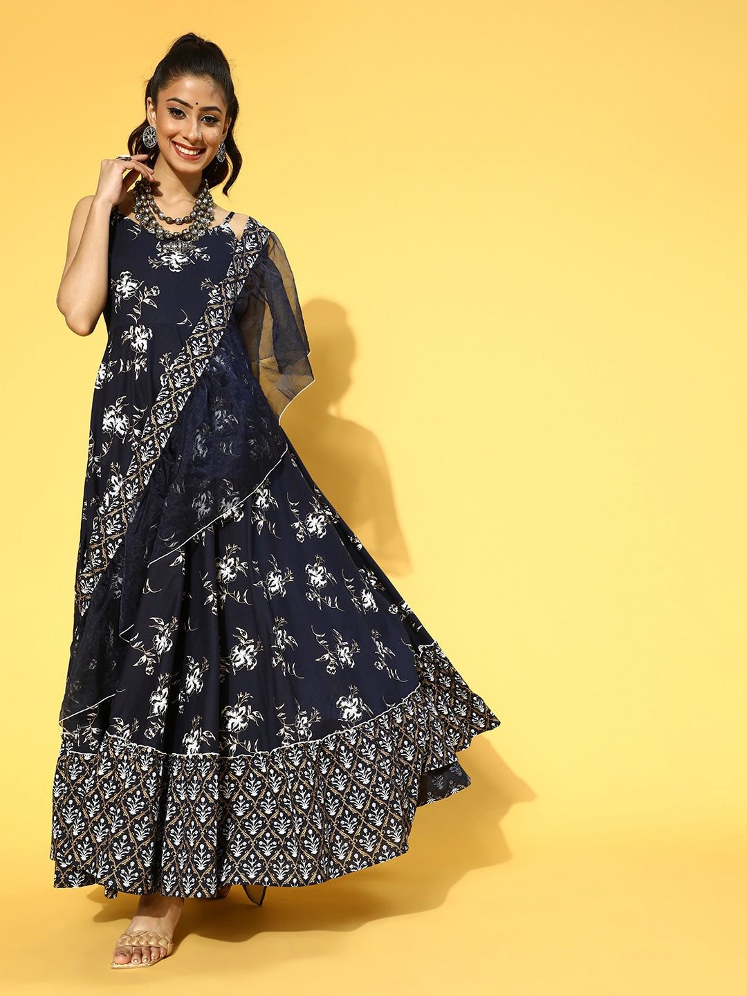 Navy Blue & White Printed Dress Dupatta-Yufta Store-9605DRSBLXS